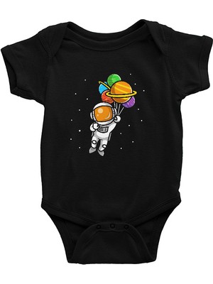 Darkhane Balonlu Şirin Astronot Siyah Unisex Bebek Body - Zıbın