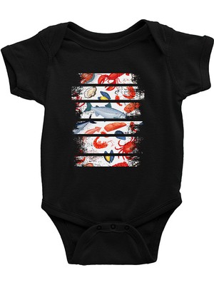 Darkhane Somon Dilimi Sokak Midyesi Mürekkep Balığı Siyah Unisex Bebek Body - Zıbın