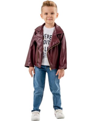 Miniğimin Cicileri Deri Ceketli Asimetrik 3'lü Erkek Çocuk Kotlu Takım - Bordo