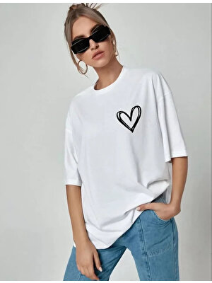 Melen Moda Unisex Baskılı Oversize T-Shirt - Beyaz