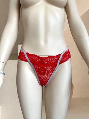 Intive Lingerie Kadın Kırmızı Dantelli Yanları Parlak Şeritli Tasarım Tanga -9135