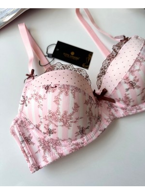 Intive Lingerie Aria Pembe Kahverengi Çiçek Desenli Push-Up Puantiyeli Vintage Sütyen