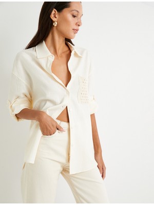 Koton Keten Karışımlı Gömlek Oversize Kroşe Cepli Uzun Katlamalı Kollu