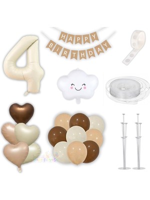 Parti Furyası 4 Dört Yaş Parti Retro Doğum Günü Seti; Krem Rakam Folyo,kraft Banner,3 Lü Kalp Folyo ve 60 Adet Lateks Balon Lüks Set