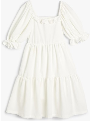 Koton Kısa Kollu Fırfırlı Midi Boy Elbise Kız Çocuk İçin Şık Beyaz Kare Yaka Tasarım