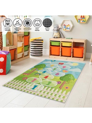 Carpettex Çocuk Bebek Oyun Halısı Seksek Temalı Yıkanabilir Kaymaz Tabanlı Mavi Yeşil Renkli