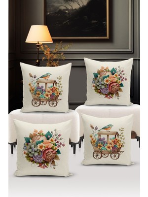 Bertille Home Flower/vintage Serisi Çift Tarafı Dijital Baskılı  4'lü Kırlent Kılıfı Seti  (Cushion Cover Set)