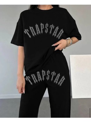 Moka Shopin Unisex Taşlı T-Shirt ve Eşofman Takımı - Siyah