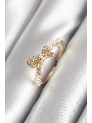 Clariss Pirinç Gold Renk Zirkon Taşlı Kurdele Model Inci Detay Kadın Yüzük