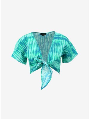 Fabrika Yeşil Çok Renkli Kadın V Yaka Crop Bluz F4SL-BLZ0836