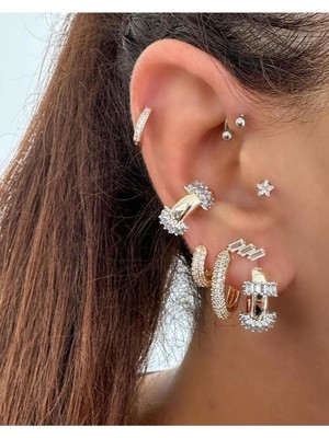 Jerie Gold Özel Seri Pirinç Kaplama Zirkon Baget Taşlı Earcuff Kıkırdak Küpe