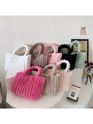 Songli Pembe Moda Peluş Tote Çanta Rahat Üst Çanta Katı Kabarık Omuz Çantası Büyük Kapasiteli Kürklü Alışveriş Çantası Şık Seyahat Kılıfı Çanta (Yurt Dışından)