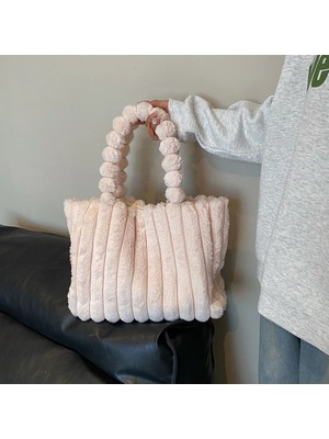 Songli Pembe Moda Peluş Tote Çanta Rahat Üst Çanta Katı Kabarık Omuz Çantası Büyük Kapasiteli Kürklü Alışveriş Çantası Şık Seyahat Kılıfı Çanta (Yurt Dışından)