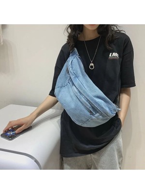 Songli Açık Mavi Kadın Kemer Çantası Erkekler Hip Hop Moda Serseri Seyahat Çanta Telefon Kılıfı Unisex Crossbody Sling Göğüs Çanta Denim Çanta Omuz Çantaları (Yurt Dışından)