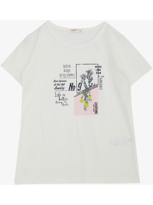 Breeze Kız Çocuk Tişört Moda Temalı Yazı & Renkli Çiçek Baskılı 10-14 Yaş, Ekru