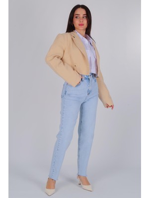 Facette Kadın Bej Düğmeli Crop Blazer Ceket