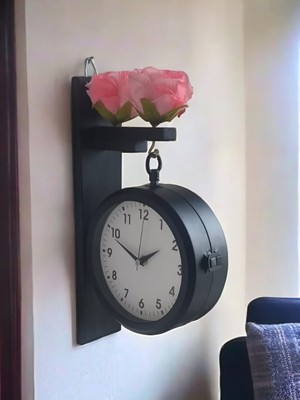 Bahat Siyah Metal Istasyon Çift Taraflı Ahşap Askılı Çiçekli Salon Otel Ofis Duvar Saati