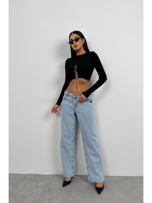 Black Fashion Taş Detay Triko Yaka Crop Bluz