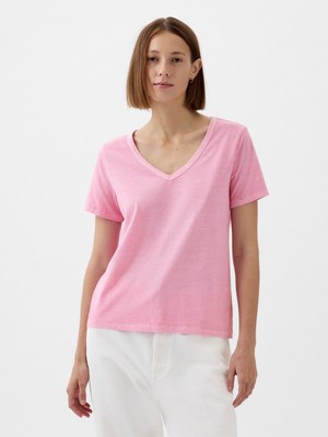 Gap Kadın Pembe Organik Pamuk Vintage V Yaka T-Shirt