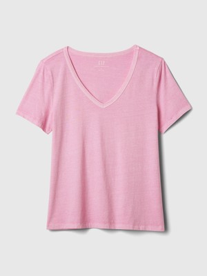 Gap Kadın Pembe Organik Pamuk Vintage V Yaka T-Shirt