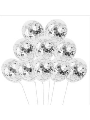 Eğlence Marketi 12 Inç Standart Boy Konfetili Şeffaf Balon 10 Adet Gümüş