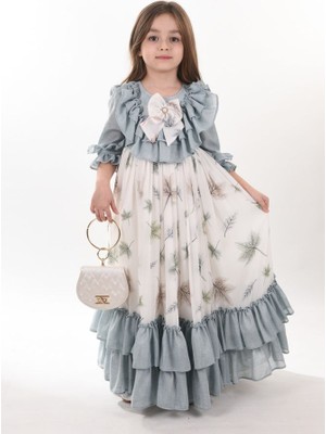 Mialora Exclusive Özel Tasarım Yaprak Desenli Kız Çocuk Uzun Elbise Çantalı Kız Çocuk Mezuniyet Elbisesi