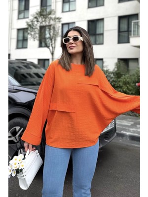 New Laviva Kadın Turuncu Geniş Manşet Yarasa Kol Süs Cep Detaylı Salaş Bluz