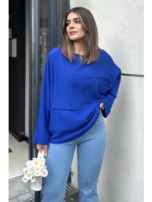 New Laviva Kadın Indigo Geniş Manşet Yarasa Kol Süs Cep Detaylı Salaş Bluz