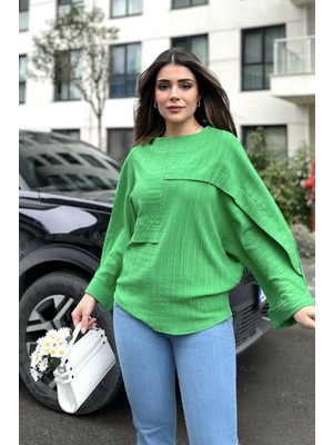 New Laviva Kadın Yeşil Geniş Manşet Yarasa Kol Süs Cep Detaylı Salaş Bluz