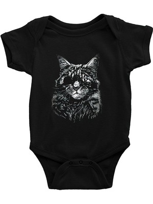 Darkhane Tek Gözlü Kedi Siyah Unisex Bebek Body - Zıbın