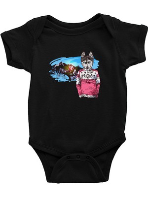 Darkhane Dağlardaki Sibirya Kurdu Husky Haski Siyah Unisex Bebek Body - Zıbın