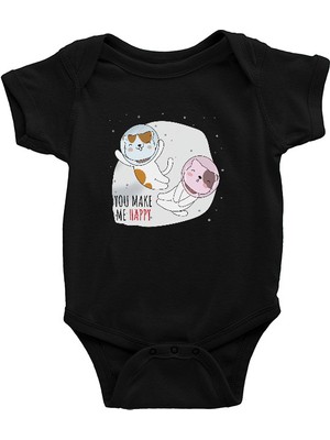 Darkhane Astronot Kedicikler Siyah Unisex Bebek Body - Zıbın