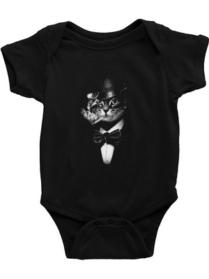Darkhane Smokinli Sigara Içen Kedi Siyah Unisex Bebek Body - Zıbın