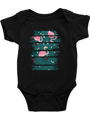 Darkhane Hindistan Cevizi ve Flamingo Siyah Unisex Bebek Body - Zıbın