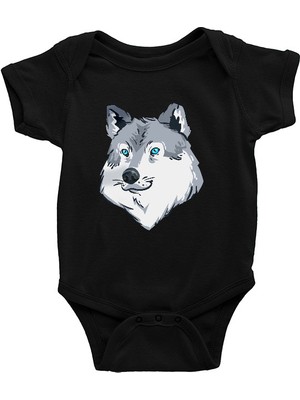 Darkhane Mavi Gözlü Köpek Sibirya Kurdu Husky Haski Siyah Unisex Bebek Body - Zıbın
