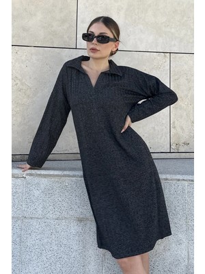 New Laviva Kadın Antrasit Polo Yaka, Kendinden Desenli, Basic Kalıp, Uzun Kollu Midi Triko Elbise