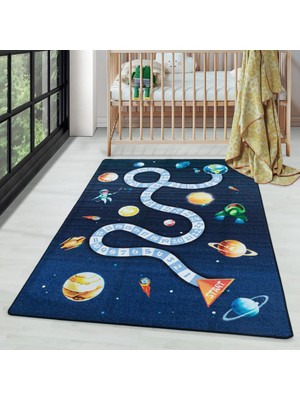 Carpettex Oyun Halısı Uzay Gezegenler Temalı Çocuk Bebek Odası Lacivert Tonlarda