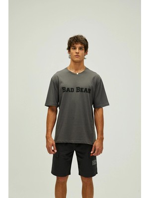 Bad Bear Title Oversize T-Shirt Koyu Gri Baskılı Erkek Tişört