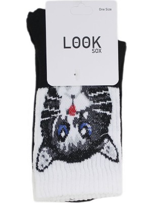 Look Socks Yavru Kedi Desenli Siyah Kolej Çorap