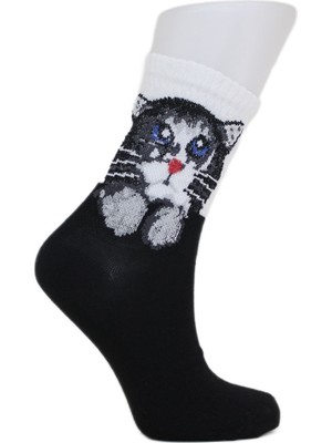 Look Socks Yavru Kedi Desenli Siyah Kolej Çorap 3 Çift