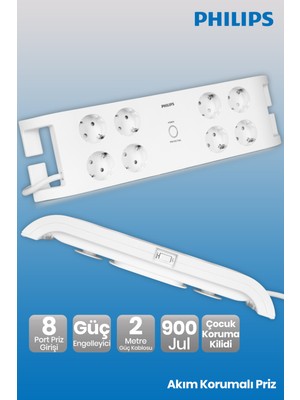 Philips Uzaktan Kumanda Akım Korumalı Priz SPN3080B 8'li 2 Metre Güç Engelleyici