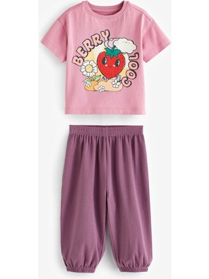 Next Baby Kız Çocuk  Pamuk Çilek Baskılı Mor  T-Shirt - Jogger Seti