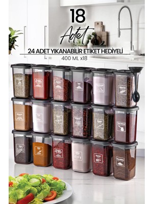 Kitchen Life 18'li Azure Kendinden Kaşıklı Baharatlık Seti 400 ml Modern Mutfak Aksesuarı ve Baharat Düzenleyici