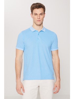 AC&Co / Altınyıldız Classics Erkek Çekmeyen Pamuklu Kumaş Slim Fit Dar Kesim Mavi Kıvrılmaz Polo Yaka Tişört