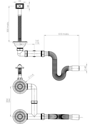 Donau 351-310 Çöpmak Çiftli Küvet Taşmalı Evye Sifonu Flex Gövde Ø 40-50 mm