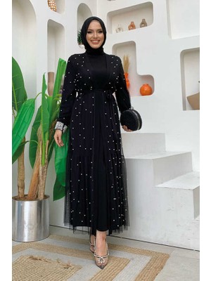 Bym Fashion Incili Abaya ve Elbise Takım 8491 Siyah