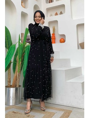 Bym Fashion Incili Abaya ve Elbise Takım 8491 Siyah