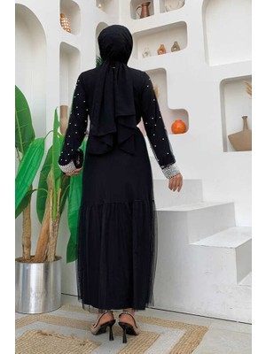 Bym Fashion Incili Abaya ve Elbise Takım 8491 Siyah