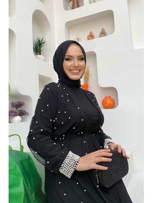 Bym Fashion Incili Abaya ve Elbise Takım 8491 Siyah