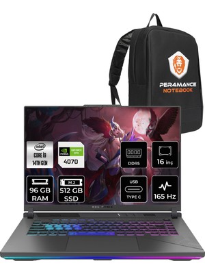 Asus Rog Strix G16 Intel Core I9 14900HX 96GB 512GB SSD RTX4070/8GB 165Hz 16" Fhd+ Fdos Taşınabilir Bilgisayar N3088 & Per4 Çanta N3038P337